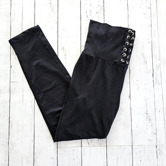 Source Unknown Pants - Black Goth High Waist Faux Lace Up Leggings Soft & Stretchy Lightweight Size L